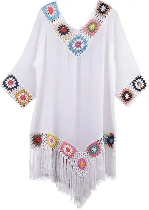 Bohemian Summer Dress for Women Boho Short Dress Floral Short Sleeve Sundress Casual Loose Tassel Beach Dress Swimwear Tunic