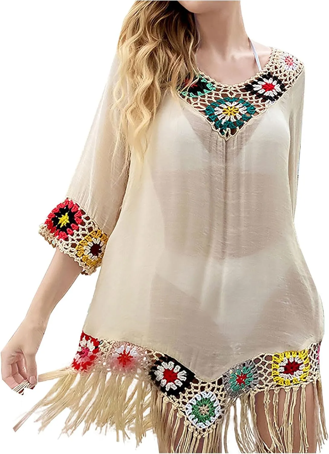 Bohemian Summer Dress for Women Boho Short Dress Floral Short Sleeve Sundress Casual Loose Tassel Beach Dress Swimwear Tunic
