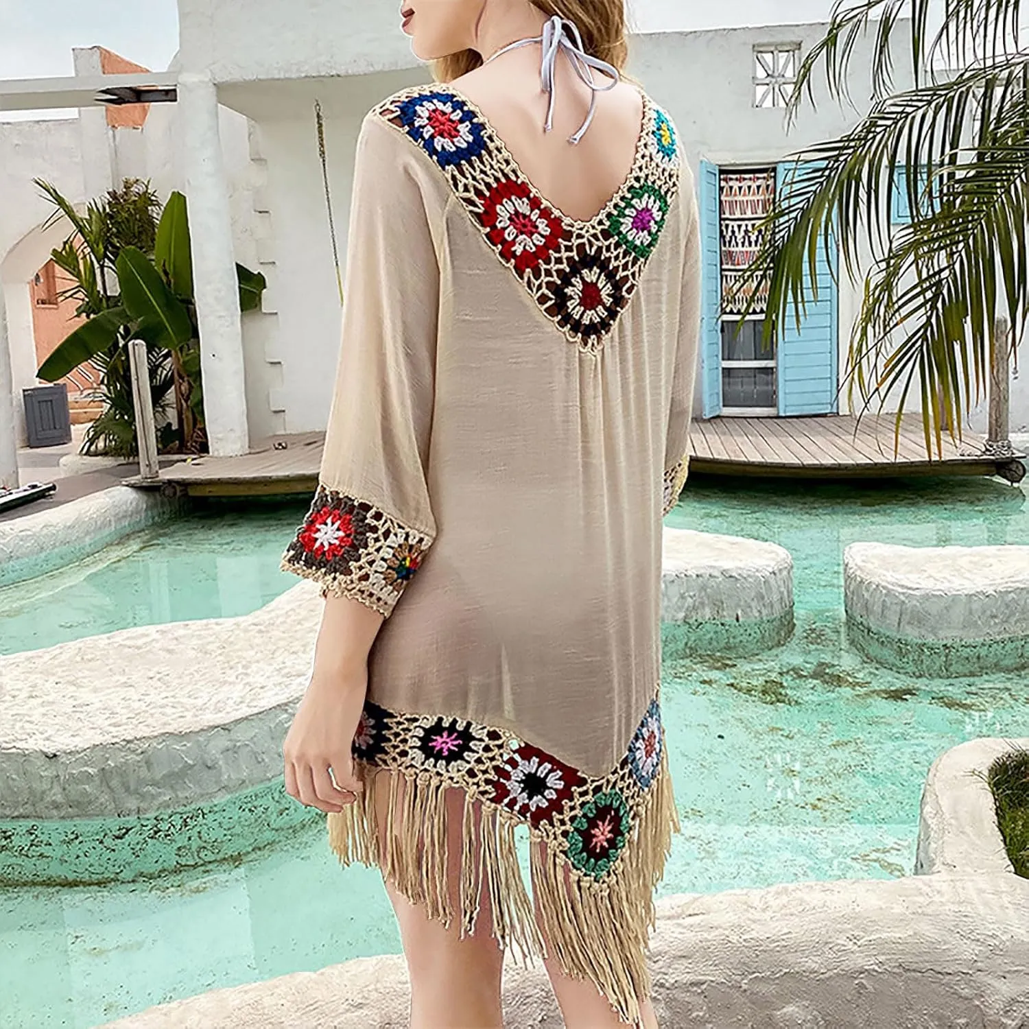 Bohemian Summer Dress for Women Boho Short Dress Floral Short Sleeve Sundress Casual Loose Tassel Beach Dress Swimwear Tunic