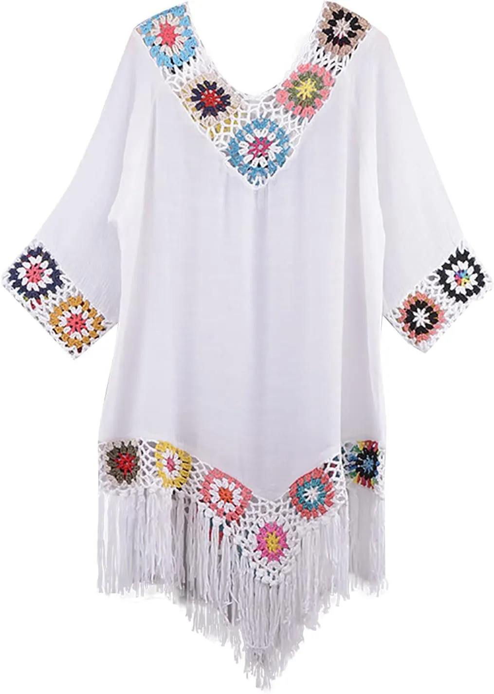 Bohemian Summer Dress for Women Boho Short Dress Floral Short Sleeve Sundress Casual Loose Tassel Beach Dress Swimwear Tunic