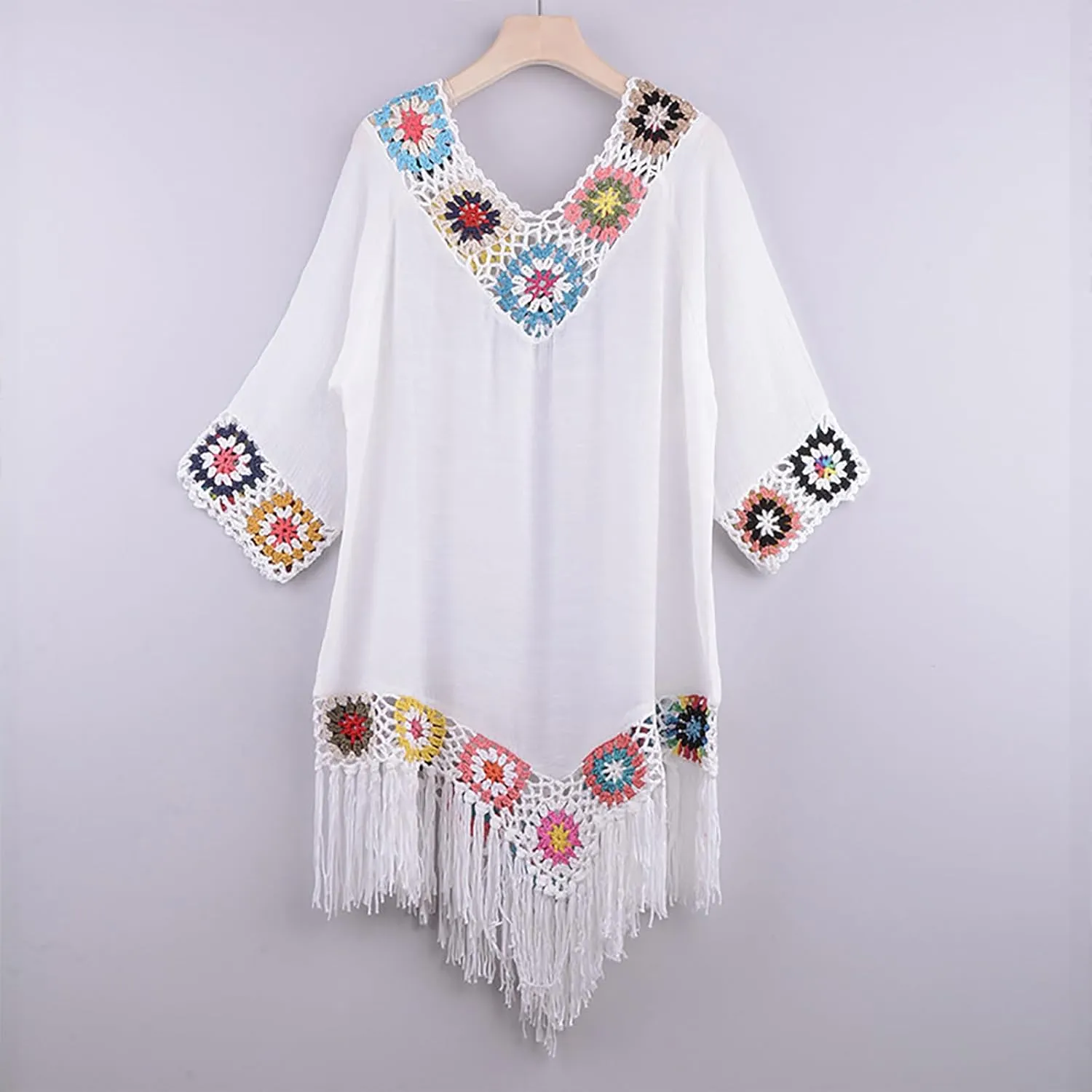 Bohemian Summer Dress for Women Boho Short Dress Floral Short Sleeve Sundress Casual Loose Tassel Beach Dress Swimwear Tunic