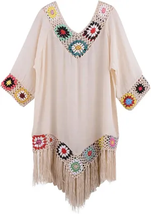 Bohemian Summer Dress for Women Boho Short Dress Floral Short Sleeve Sundress Casual Loose Tassel Beach Dress Swimwear Tunic