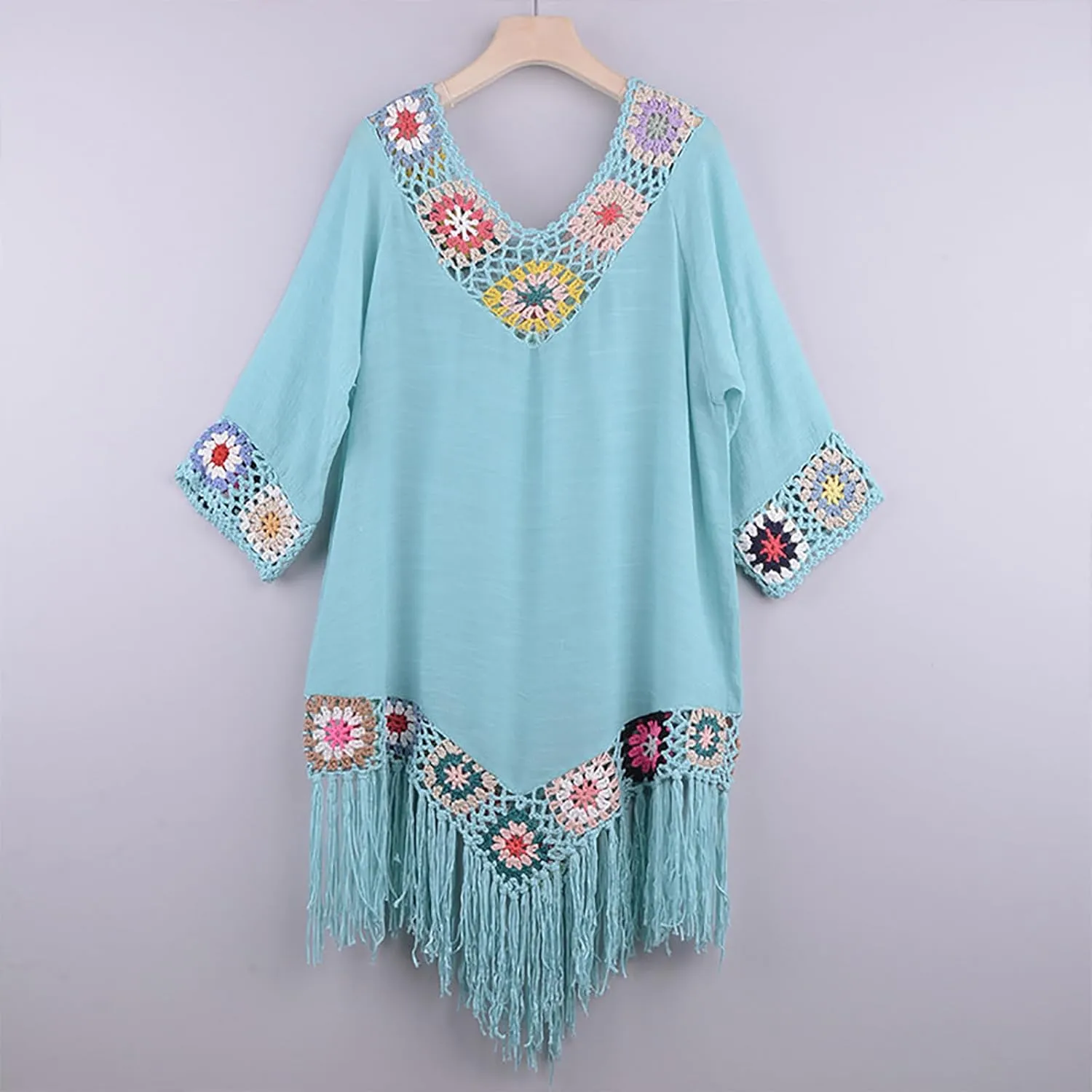 Bohemian Summer Dress for Women Boho Short Dress Floral Short Sleeve Sundress Casual Loose Tassel Beach Dress Swimwear Tunic