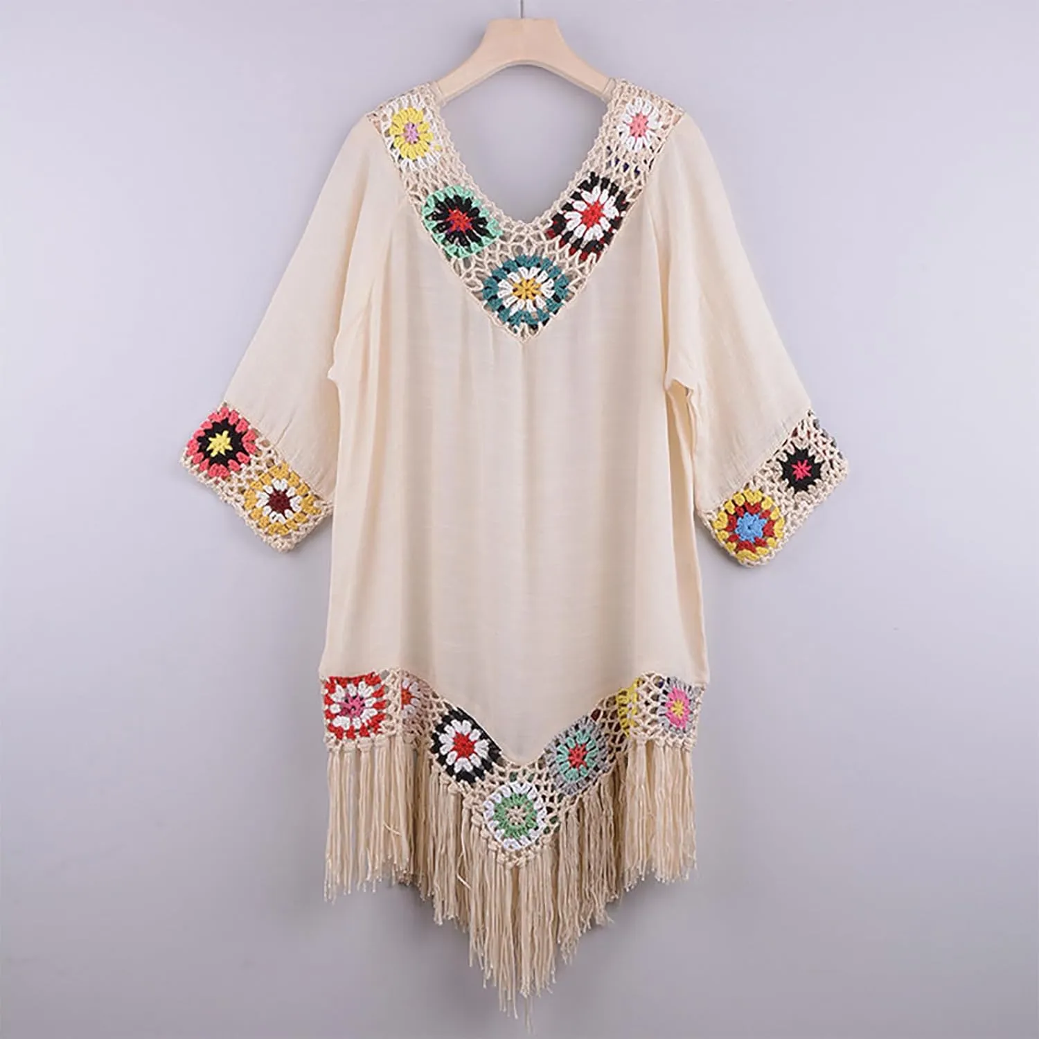 Bohemian Summer Dress for Women Boho Short Dress Floral Short Sleeve Sundress Casual Loose Tassel Beach Dress Swimwear Tunic