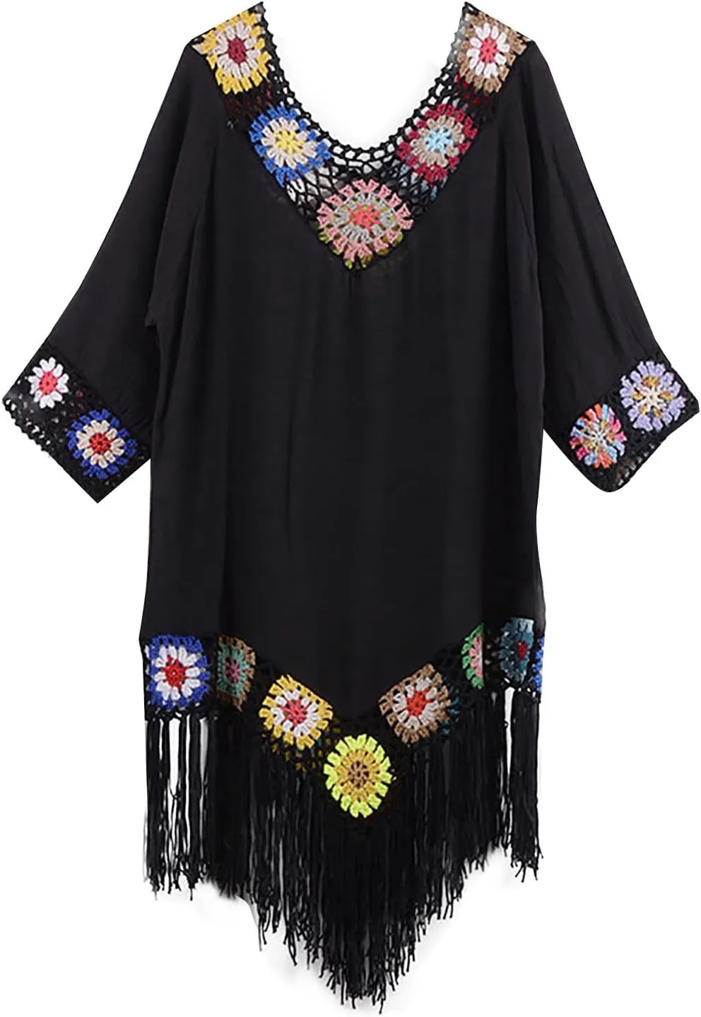 Bohemian Summer Dress for Women Boho Short Dress Floral Short Sleeve Sundress Casual Loose Tassel Beach Dress Swimwear Tunic