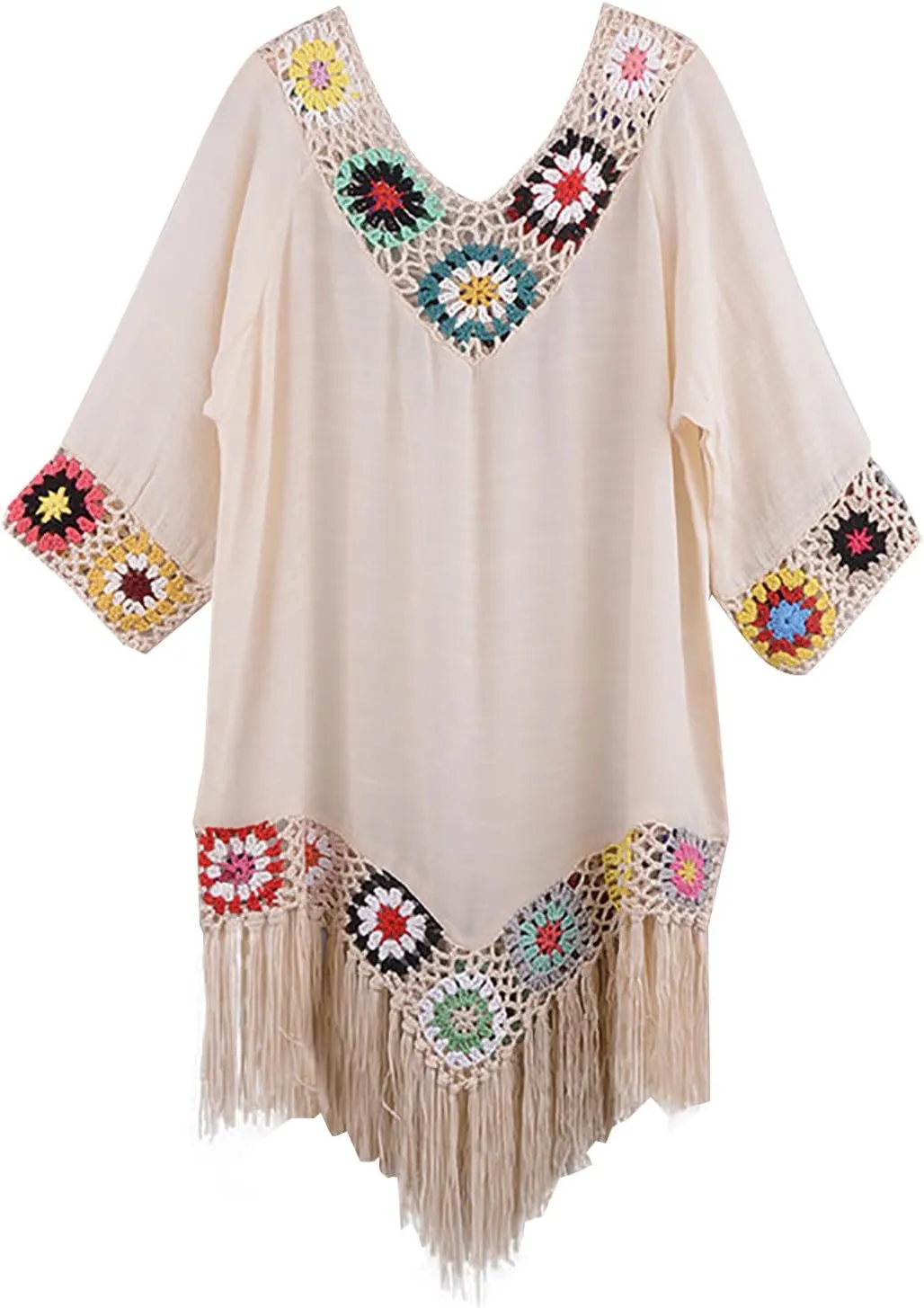 Bohemian Summer Dress for Women Boho Short Dress Floral Short Sleeve Sundress Casual Loose Tassel Beach Dress Swimwear Tunic