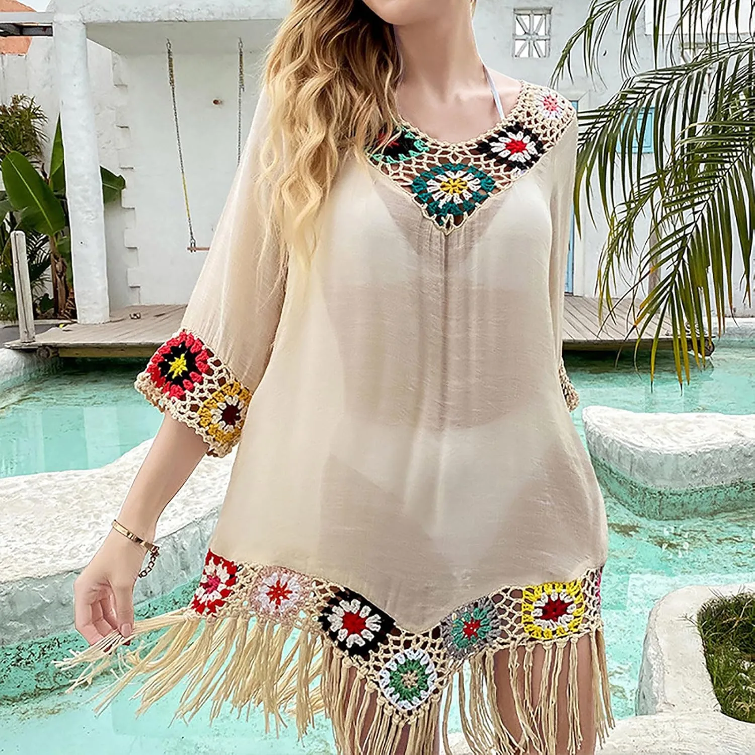 Bohemian Summer Dress for Women Boho Short Dress Floral Short Sleeve Sundress Casual Loose Tassel Beach Dress Swimwear Tunic