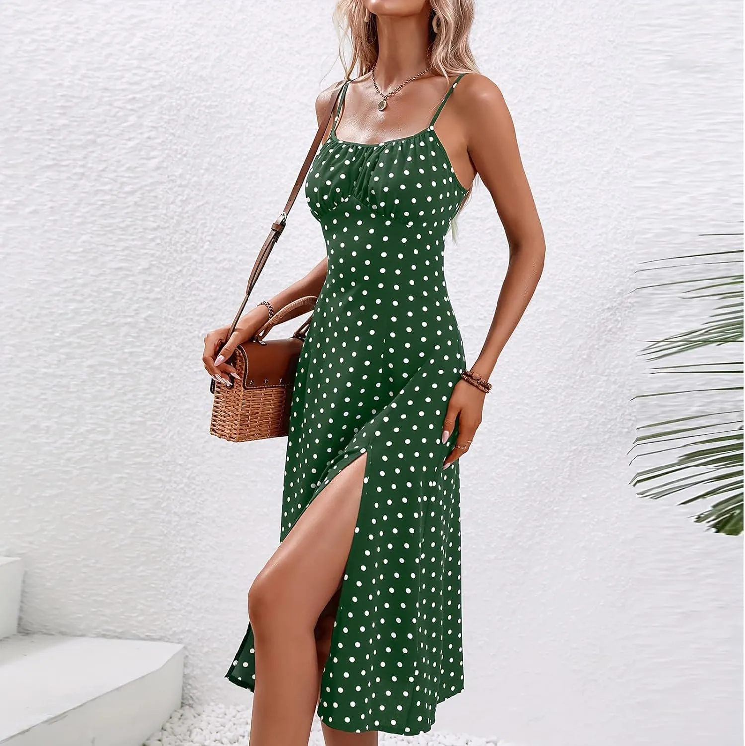 Boho Dresses for Women 2024 Milkmaid Sundress Spaghetti Strap Polka Dot Print Split Side Midi Dress Summer Beach Dress