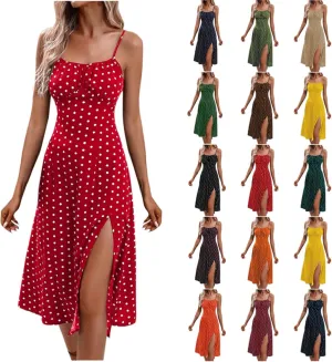 Boho Dresses for Women 2024 Milkmaid Sundress Spaghetti Strap Polka Dot Print Split Side Midi Dress Summer Beach Dress