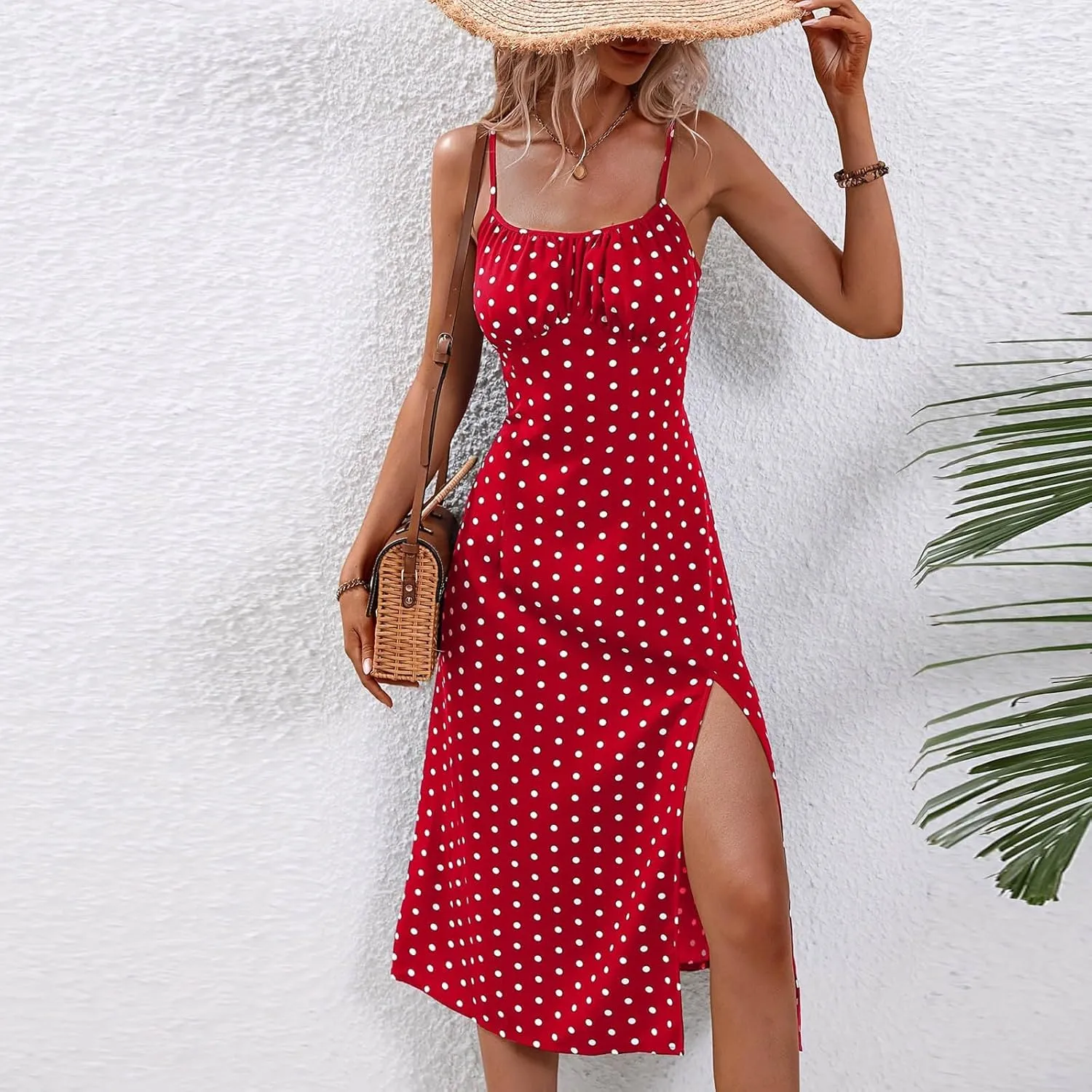 Boho Dresses for Women 2024 Milkmaid Sundress Spaghetti Strap Polka Dot Print Split Side Midi Dress Summer Beach Dress