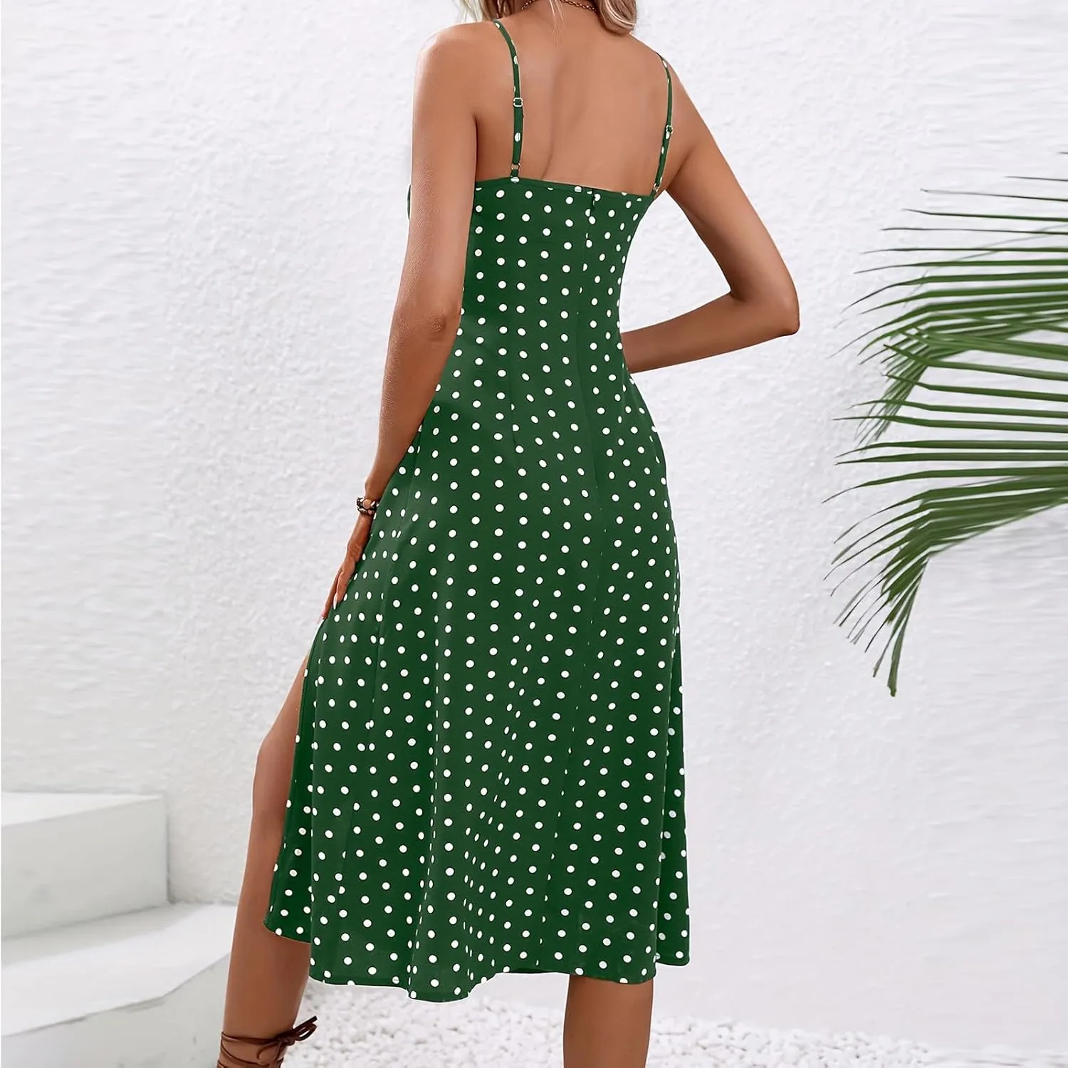 Boho Dresses for Women 2024 Milkmaid Sundress Spaghetti Strap Polka Dot Print Split Side Midi Dress Summer Beach Dress