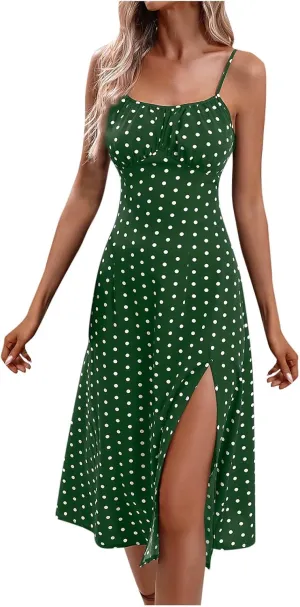 Boho Dresses for Women 2024 Milkmaid Sundress Spaghetti Strap Polka Dot Print Split Side Midi Dress Summer Beach Dress