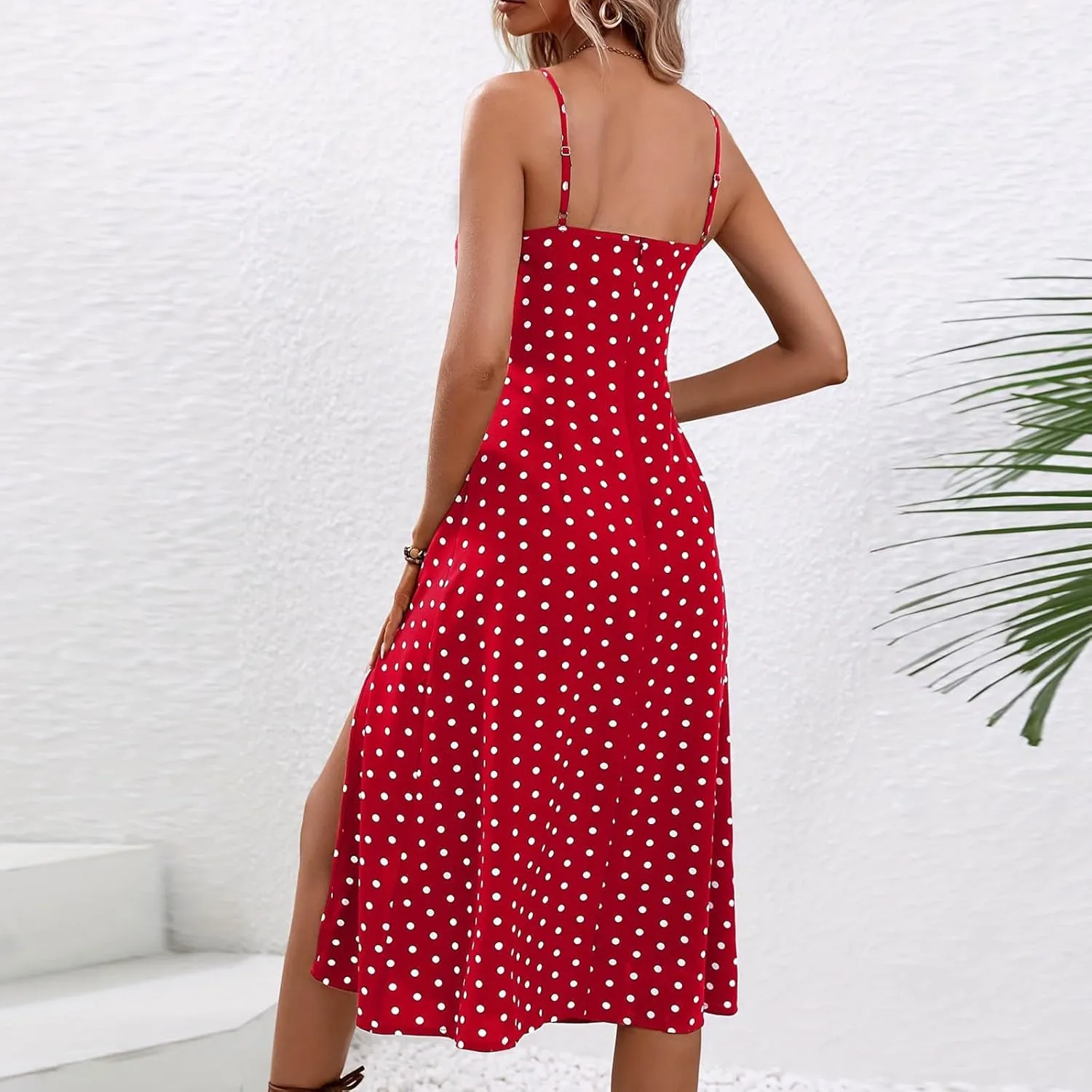 Boho Dresses for Women 2024 Milkmaid Sundress Spaghetti Strap Polka Dot Print Split Side Midi Dress Summer Beach Dress