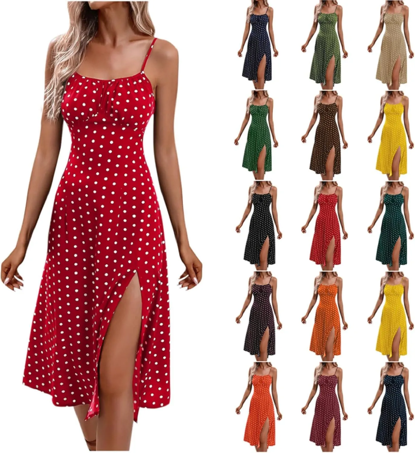 Boho Dresses for Women 2024 Milkmaid Sundress Spaghetti Strap Polka Dot Print Split Side Midi Dress Summer Beach Dress