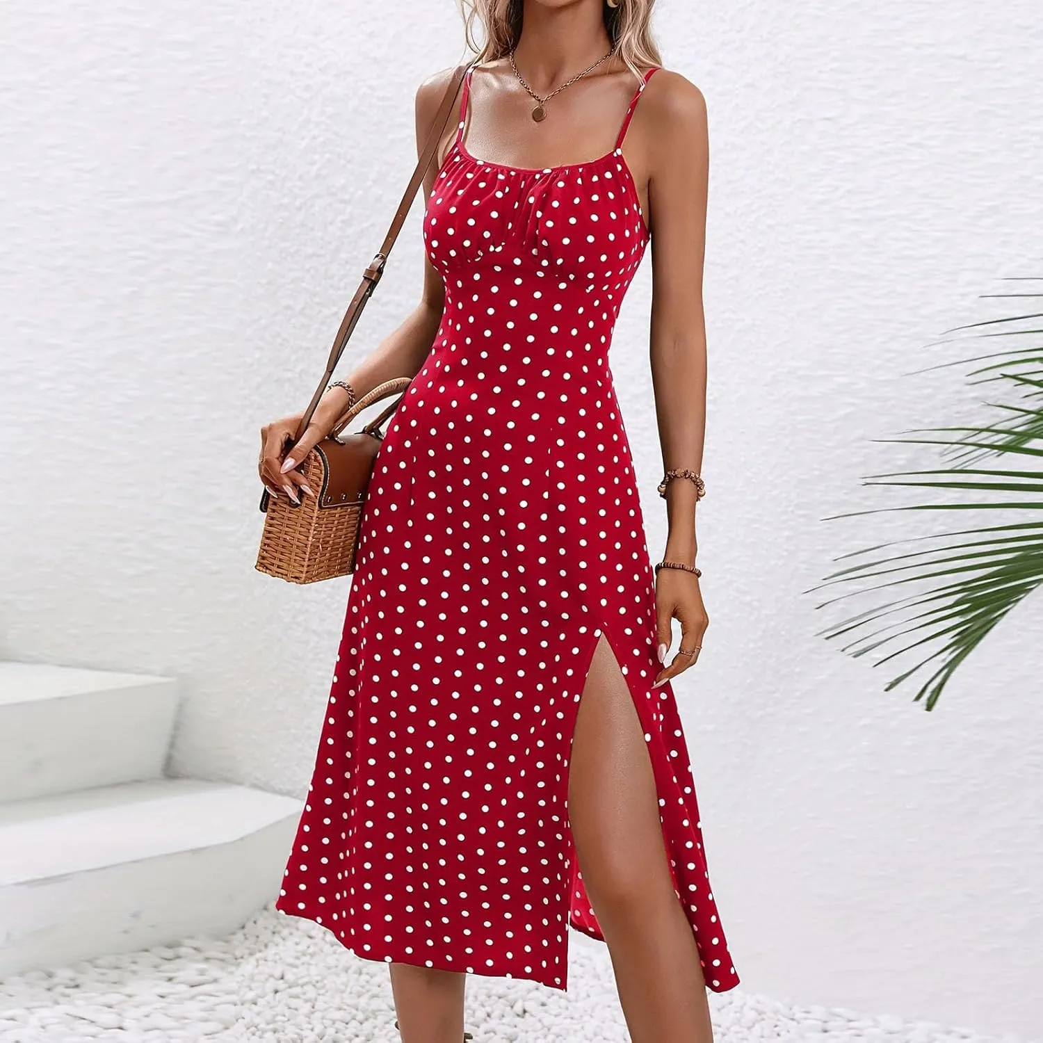 Boho Dresses for Women 2024 Milkmaid Sundress Spaghetti Strap Polka Dot Print Split Side Midi Dress Summer Beach Dress