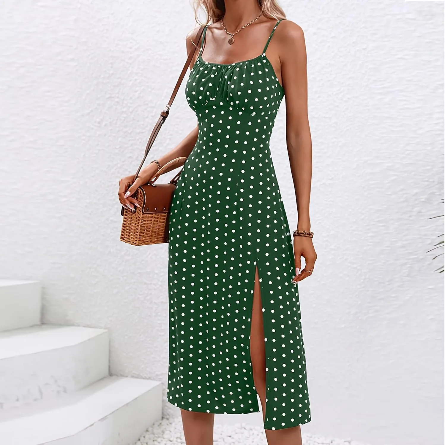 Boho Dresses for Women 2024 Milkmaid Sundress Spaghetti Strap Polka Dot Print Split Side Midi Dress Summer Beach Dress