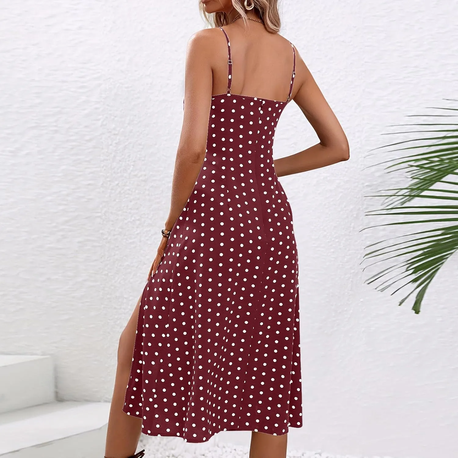 Boho Dresses for Women 2024 Milkmaid Sundress Spaghetti Strap Polka Dot Print Split Side Midi Dress Summer Beach Dress