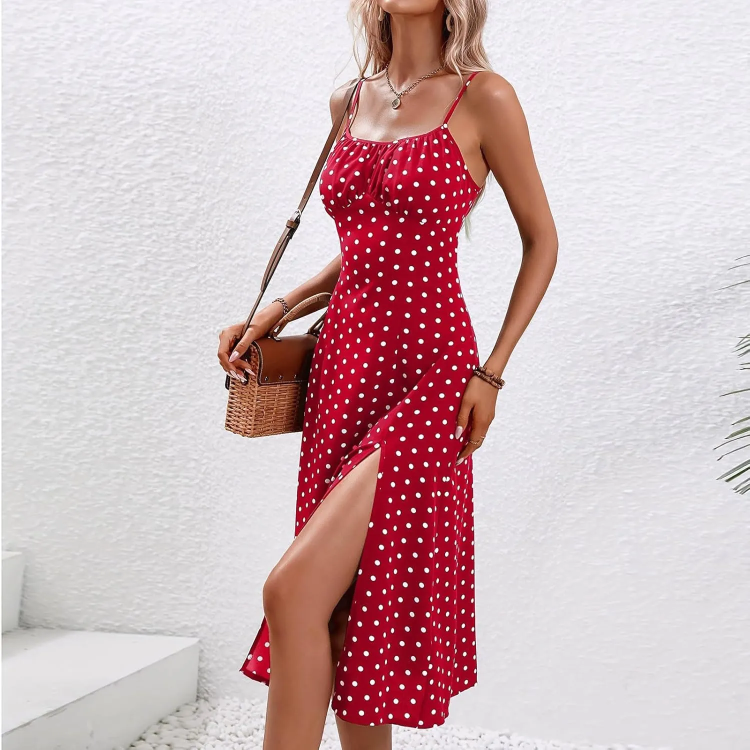 Boho Dresses for Women 2024 Milkmaid Sundress Spaghetti Strap Polka Dot Print Split Side Midi Dress Summer Beach Dress