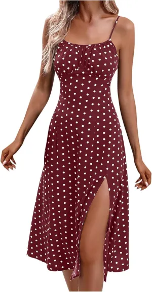 Boho Dresses for Women 2024 Milkmaid Sundress Spaghetti Strap Polka Dot Print Split Side Midi Dress Summer Beach Dress