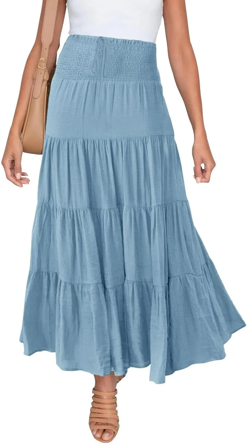 Boho Maxi Skirts for Women 2025 Summer Elastic Waisted Solid Color Flowy Swing A-Line Pleated Long Skirt