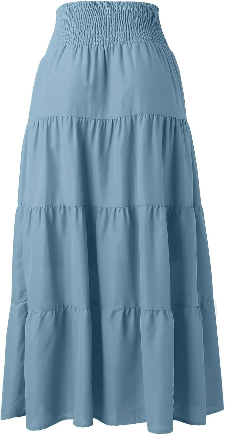 Boho Maxi Skirts for Women 2025 Summer Elastic Waisted Solid Color Flowy Swing A-Line Pleated Long Skirt