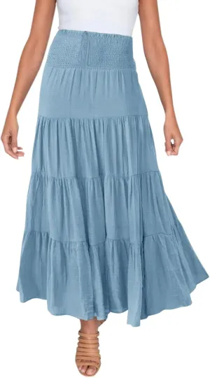 Boho Maxi Skirts for Women 2025 Summer Elastic Waisted Solid Color Flowy Swing A-Line Pleated Long Skirt
