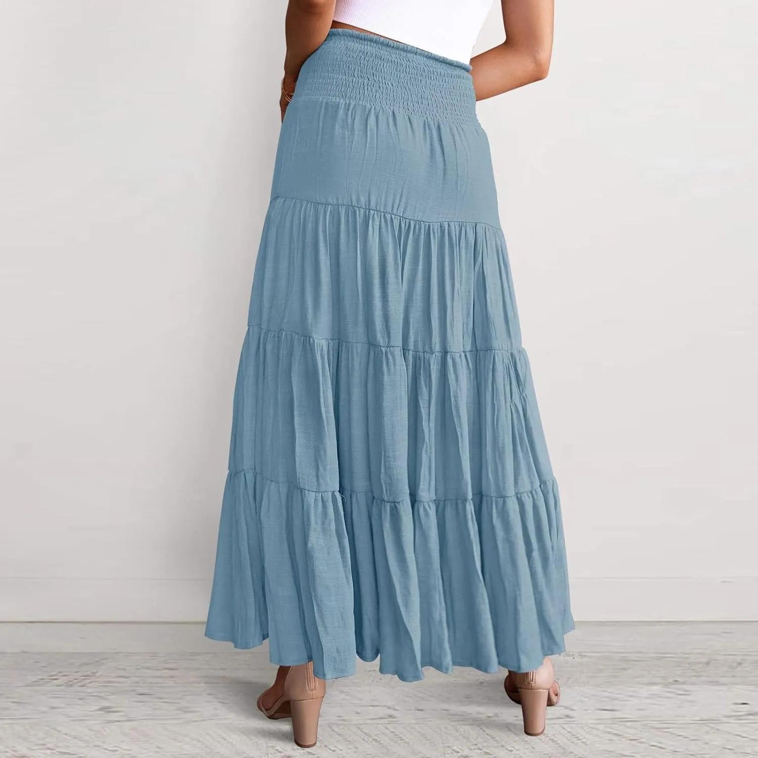 Boho Maxi Skirts for Women 2025 Summer Elastic Waisted Solid Color Flowy Swing A-Line Pleated Long Skirt