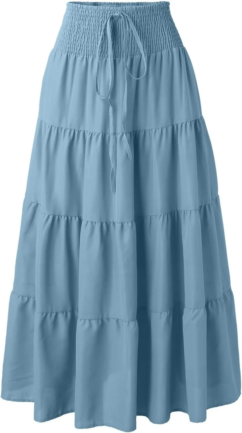 Boho Maxi Skirts for Women 2025 Summer Elastic Waisted Solid Color Flowy Swing A-Line Pleated Long Skirt