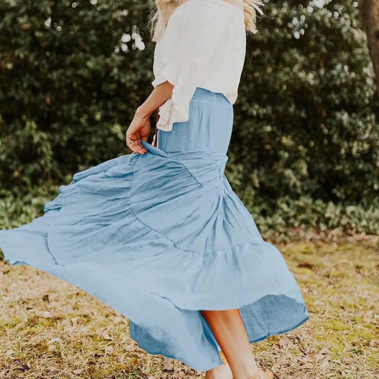 Boho Maxi Skirts for Women 2025 Summer Elastic Waisted Solid Color Flowy Swing A-Line Pleated Long Skirt