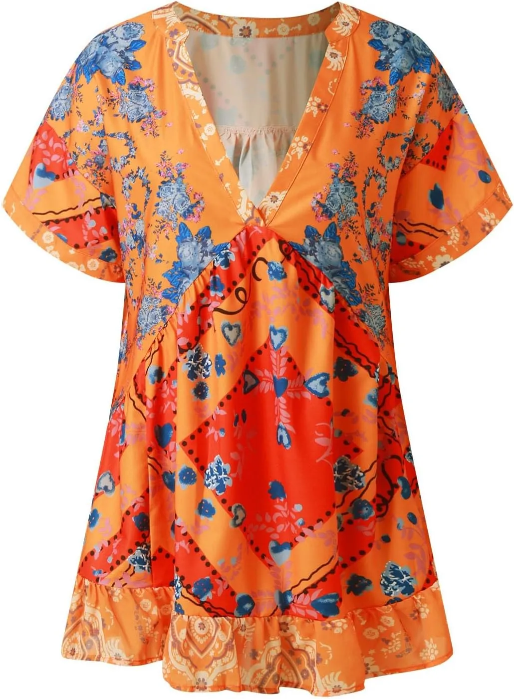 Boho Mini Dresses for Women Summer Y2K Casual Short Sleeve Beach Sexy Deep V Neck Ruffle Floral Flowy Babydoll Dress
