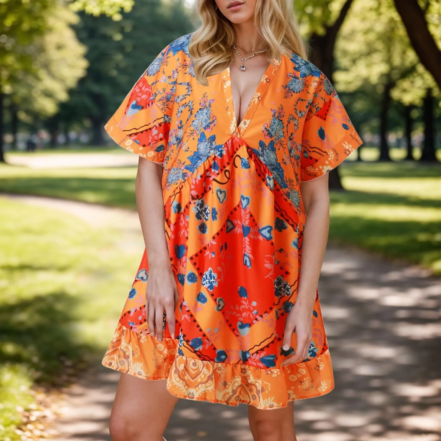 Boho Mini Dresses for Women Summer Y2K Casual Short Sleeve Beach Sexy Deep V Neck Ruffle Floral Flowy Babydoll Dress