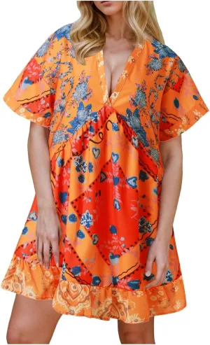 Boho Mini Dresses for Women Summer Y2K Casual Short Sleeve Beach Sexy Deep V Neck Ruffle Floral Flowy Babydoll Dress