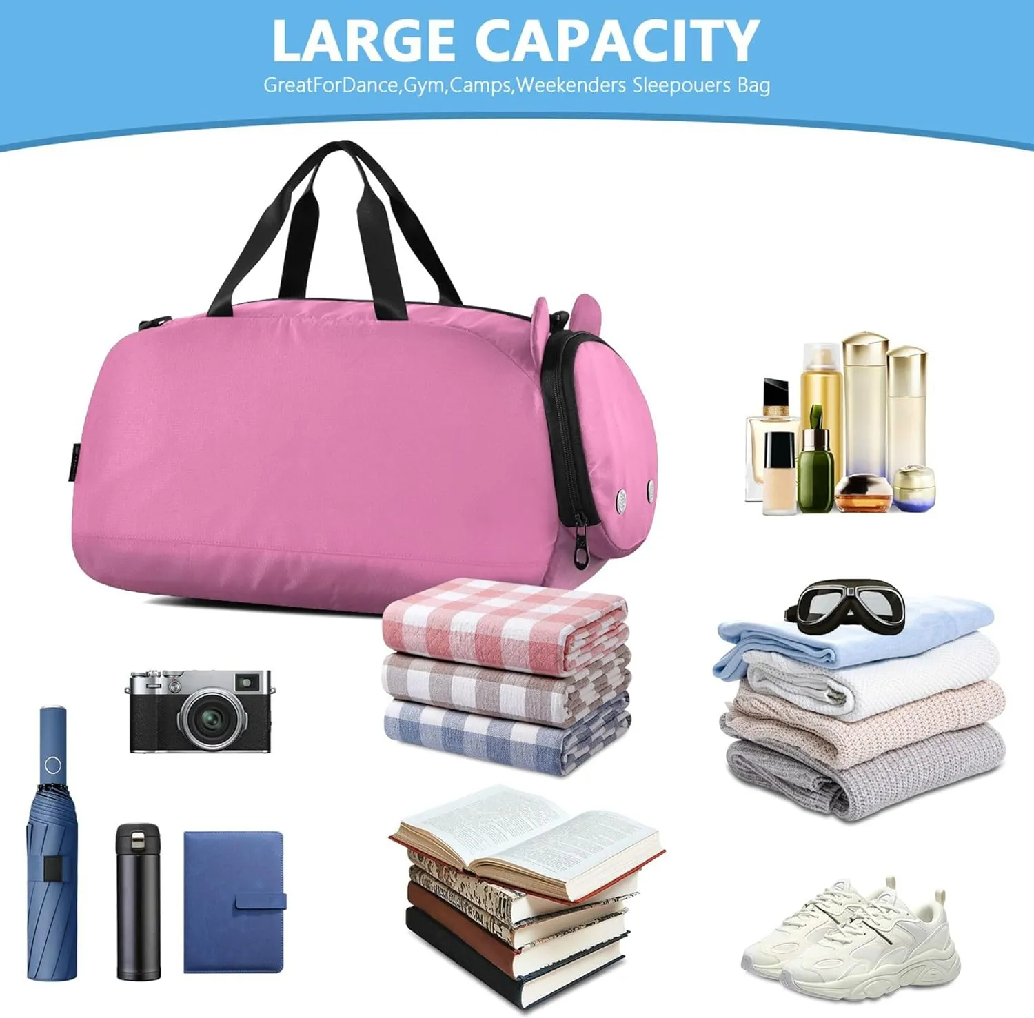Bright Pink Color Kids Duffel Bag with Shoes Compartment Multifunctional Weekender Overnight Range Bag for Travel, Sports, Duffel, Weekender