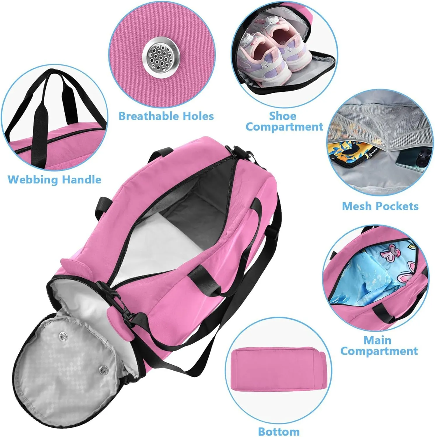 Bright Pink Color Kids Duffel Bag with Shoes Compartment Multifunctional Weekender Overnight Range Bag for Travel, Sports, Duffel, Weekender