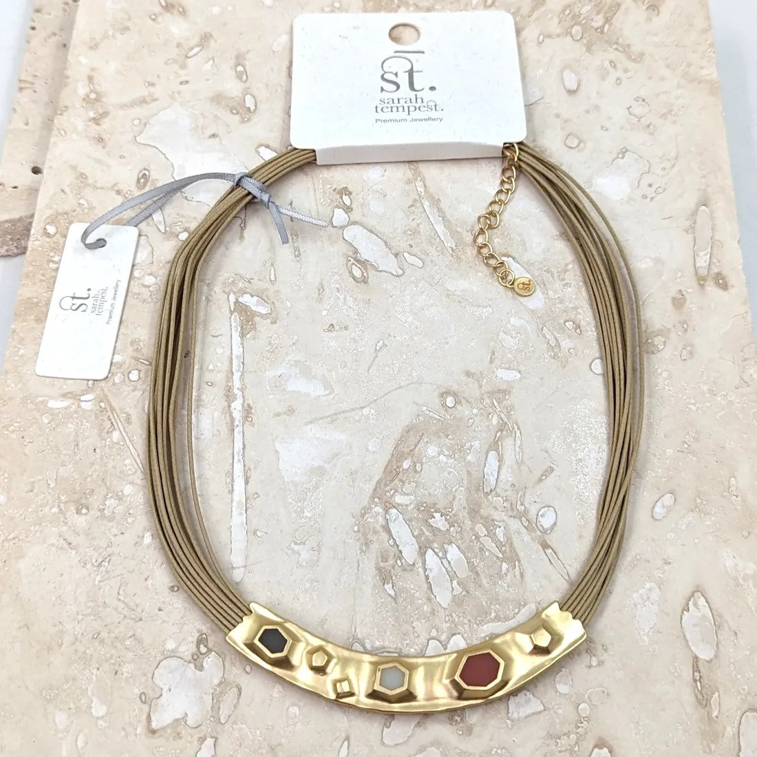 Byzantine style with enamel inlay component on multi wax cord collar necklace