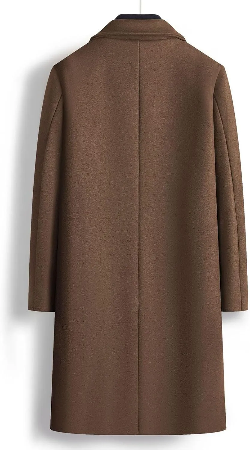 Cambkatl Wool Blend Trench Coat for Men Double Breasted Notched Collar Jacket Overcoat Winter Long Pea Coat with Pockets