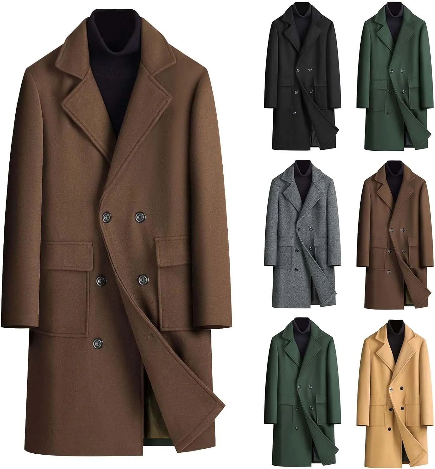 Cambkatl Wool Blend Trench Coat for Men Double Breasted Notched Collar Jacket Overcoat Winter Long Pea Coat with Pockets