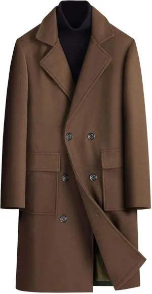 Cambkatl Wool Blend Trench Coat for Men Double Breasted Notched Collar Jacket Overcoat Winter Long Pea Coat with Pockets