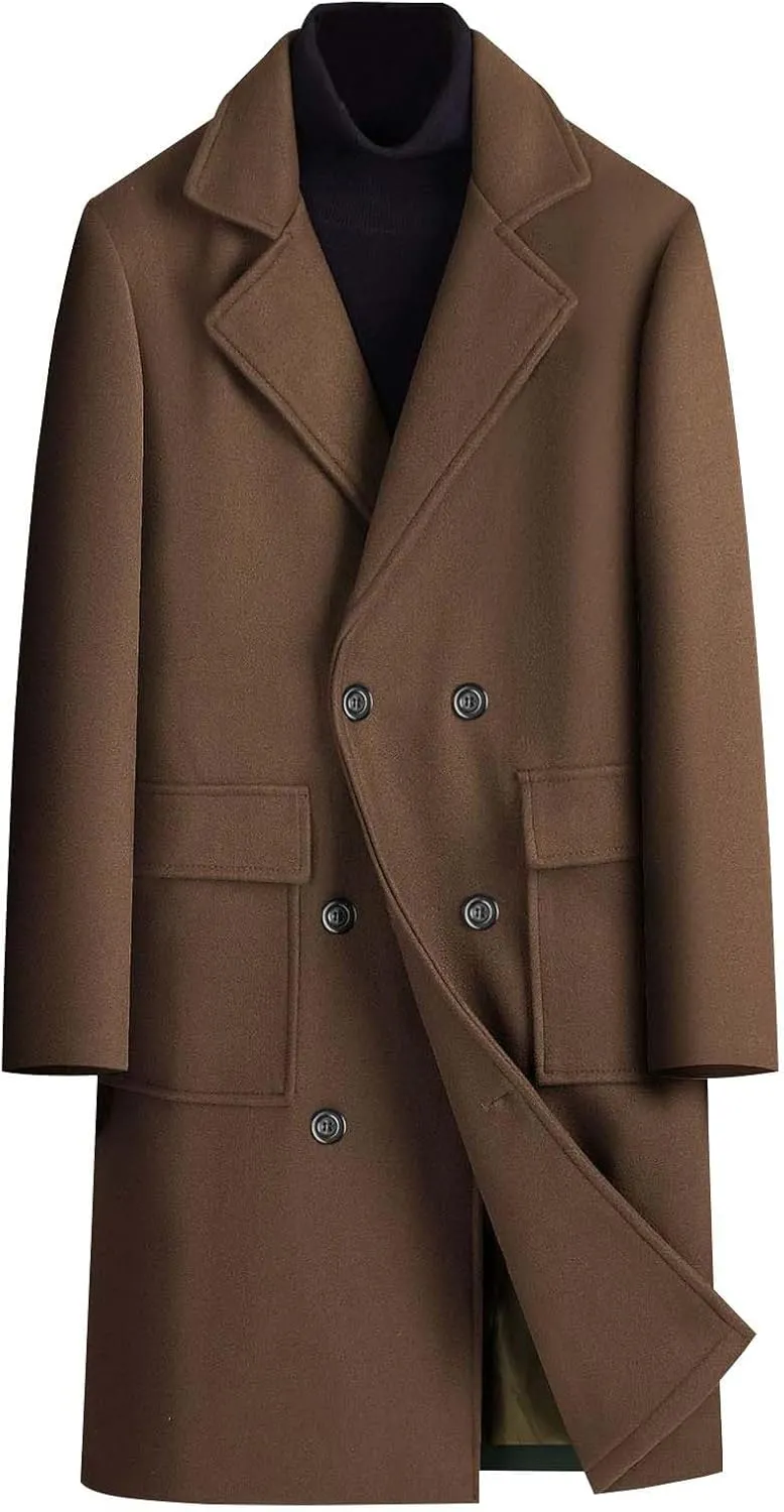 Cambkatl Wool Blend Trench Coat for Men Double Breasted Notched Collar Jacket Overcoat Winter Long Pea Coat with Pockets