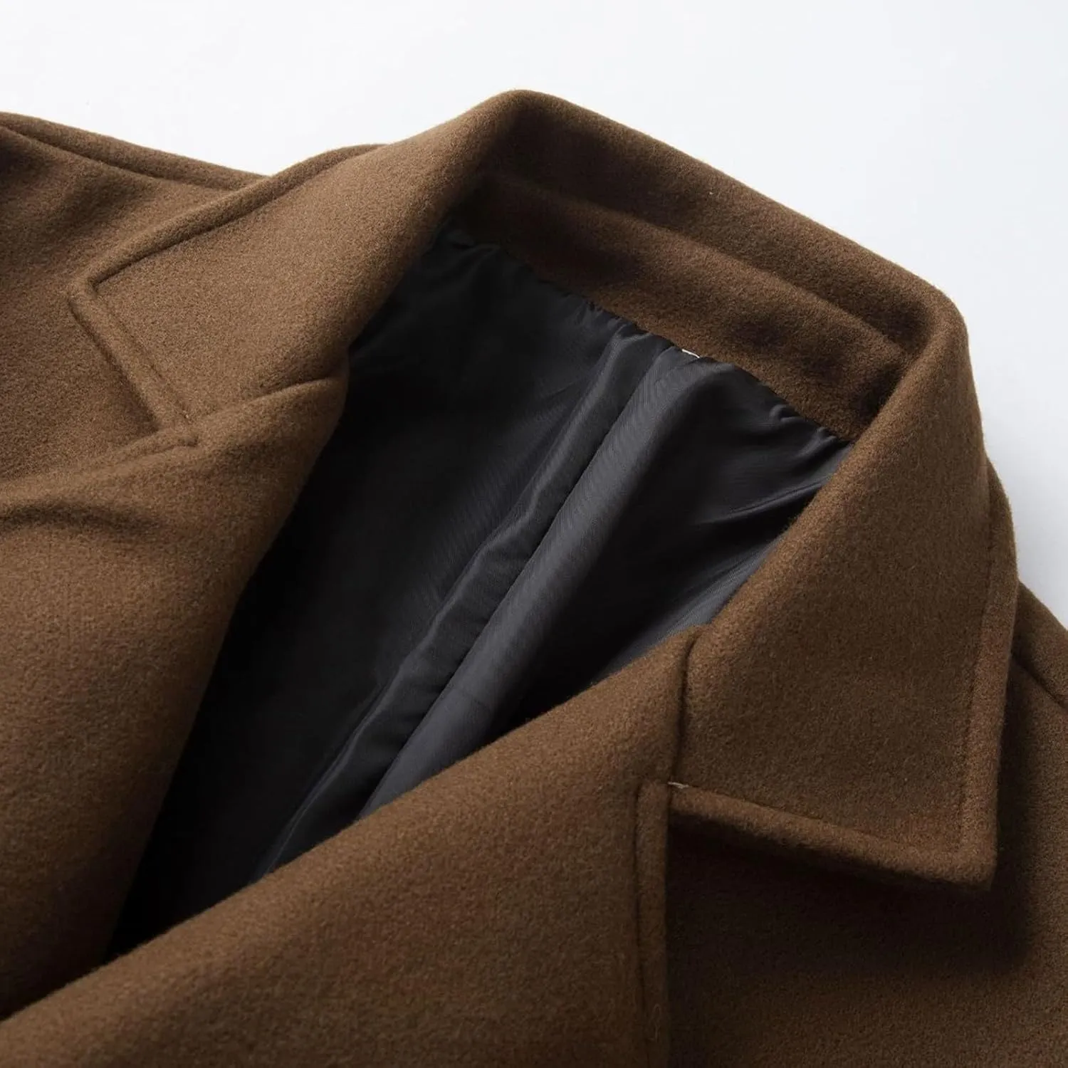 Cambkatl Wool Blend Trench Coat for Men Double Breasted Notched Collar Jacket Overcoat Winter Long Pea Coat with Pockets