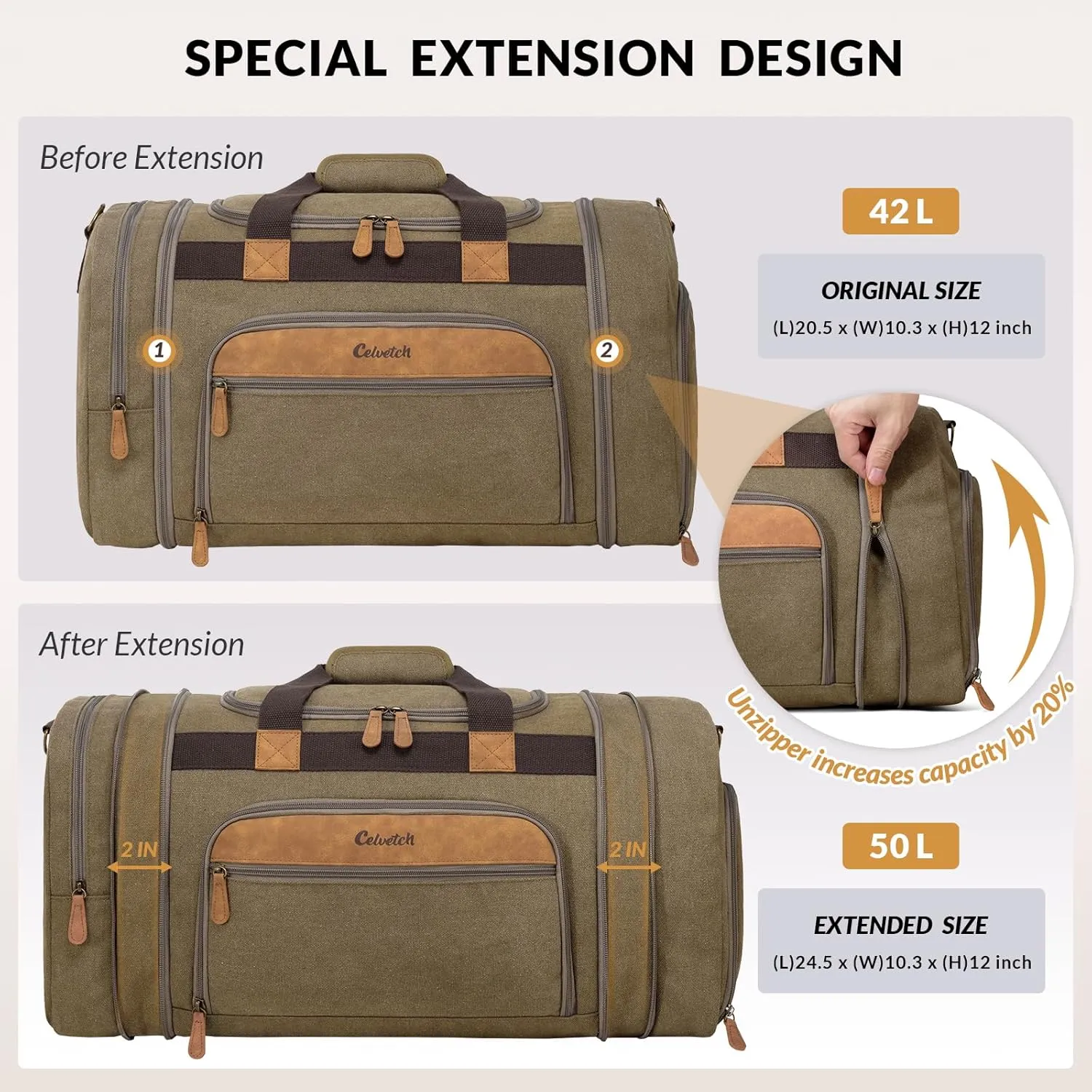 Canvas Duffle Bag for Travel 50L Expandable Travel Duffel Bags for Men Women Weekender Overnight Bag with Shoes Compartment - Brown