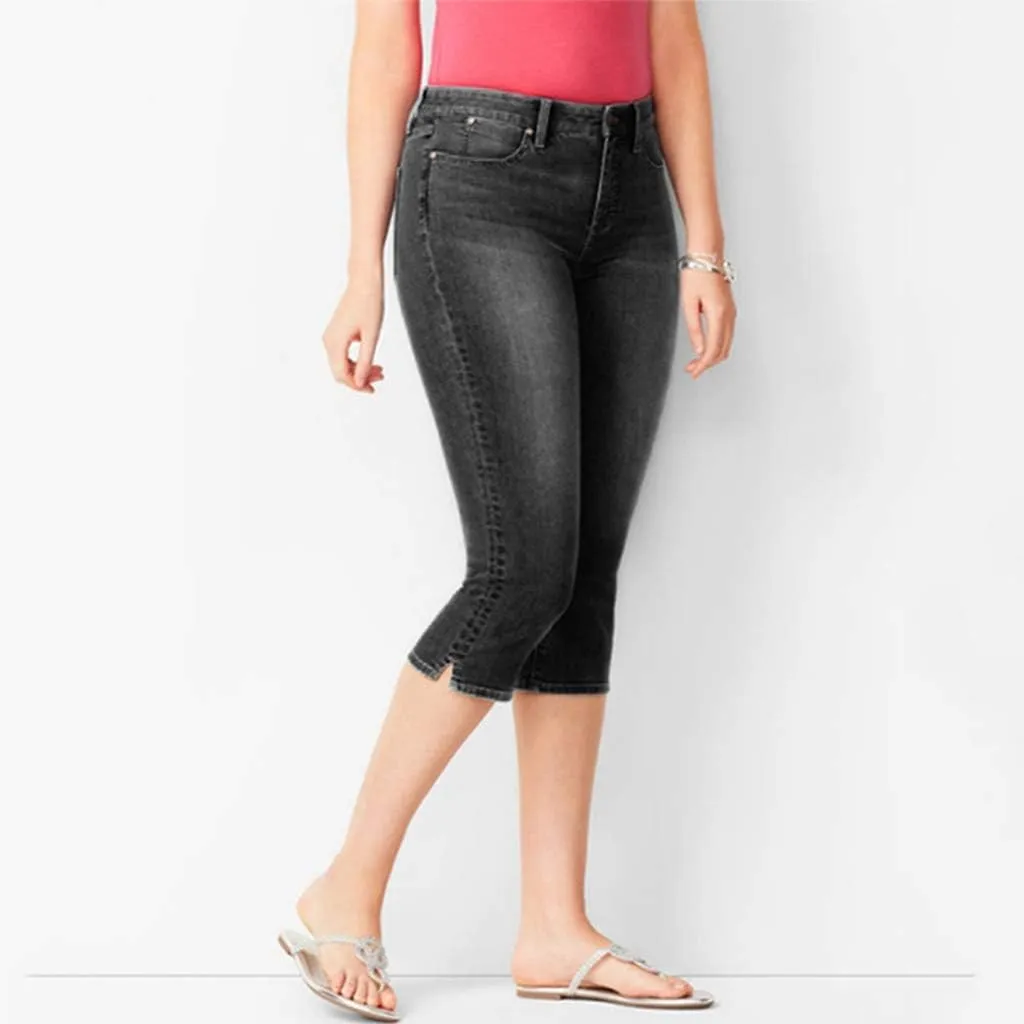 Capri Jeans for Women Trendy High Waisted Slim Split Hem Stretch Denim Jean Capris Cropped Pants Casual Summer