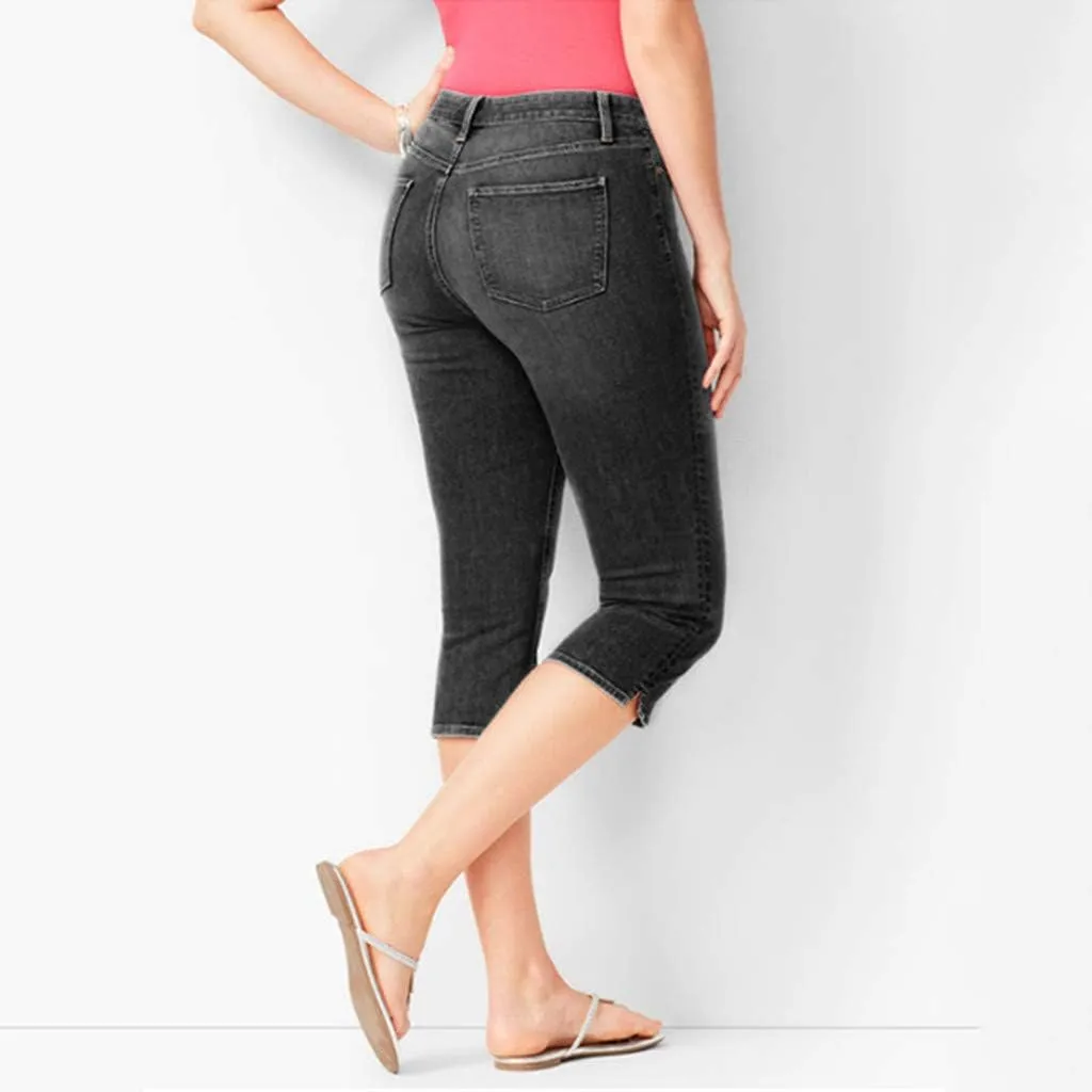 Capri Jeans for Women Trendy High Waisted Slim Split Hem Stretch Denim Jean Capris Cropped Pants Casual Summer