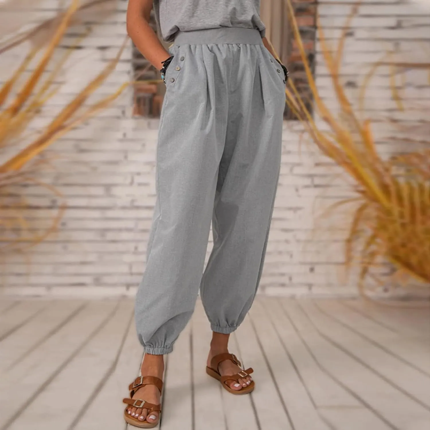 Capri Linen Pants Women Relaxed Wide Leg Pants Casual Crop Baggy Harem Pants Summer Beach Pants Boho Yoga Pants Joggers