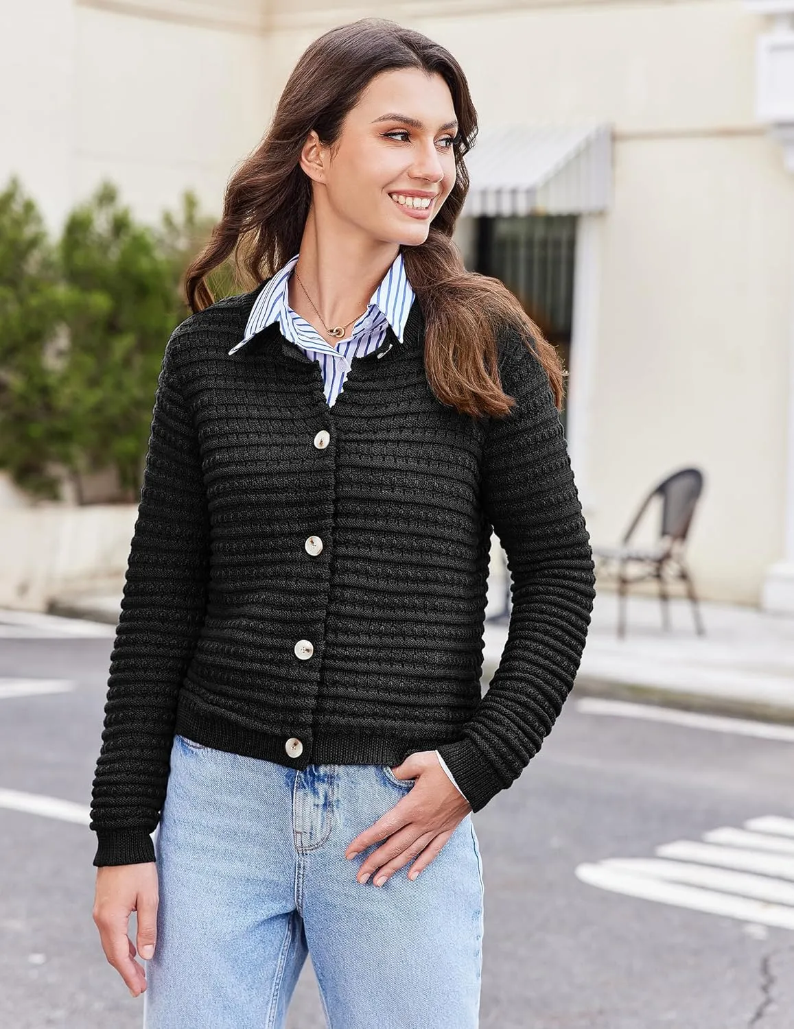Cardigan Sweaters for Women Open Front Casual Long Sleeve Sweater Coat Trendy Button Down Cropped Jackets