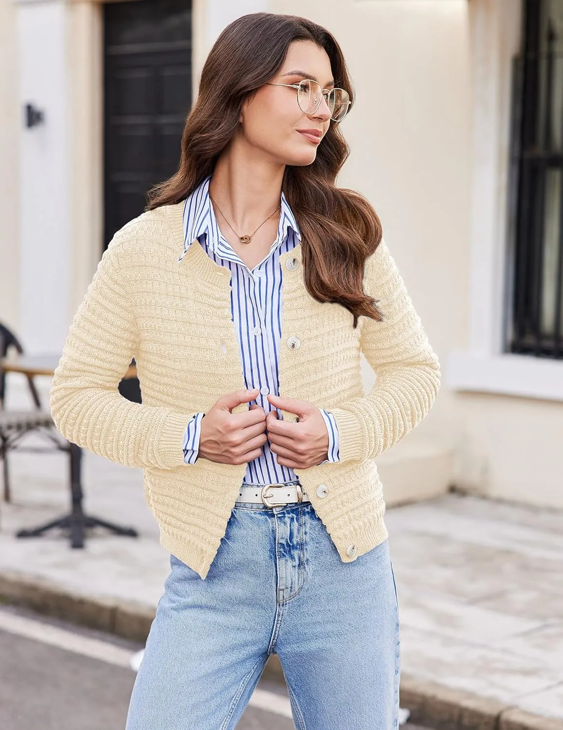 Cardigan Sweaters for Women Open Front Casual Long Sleeve Sweater Coat Trendy Button Down Cropped Jackets