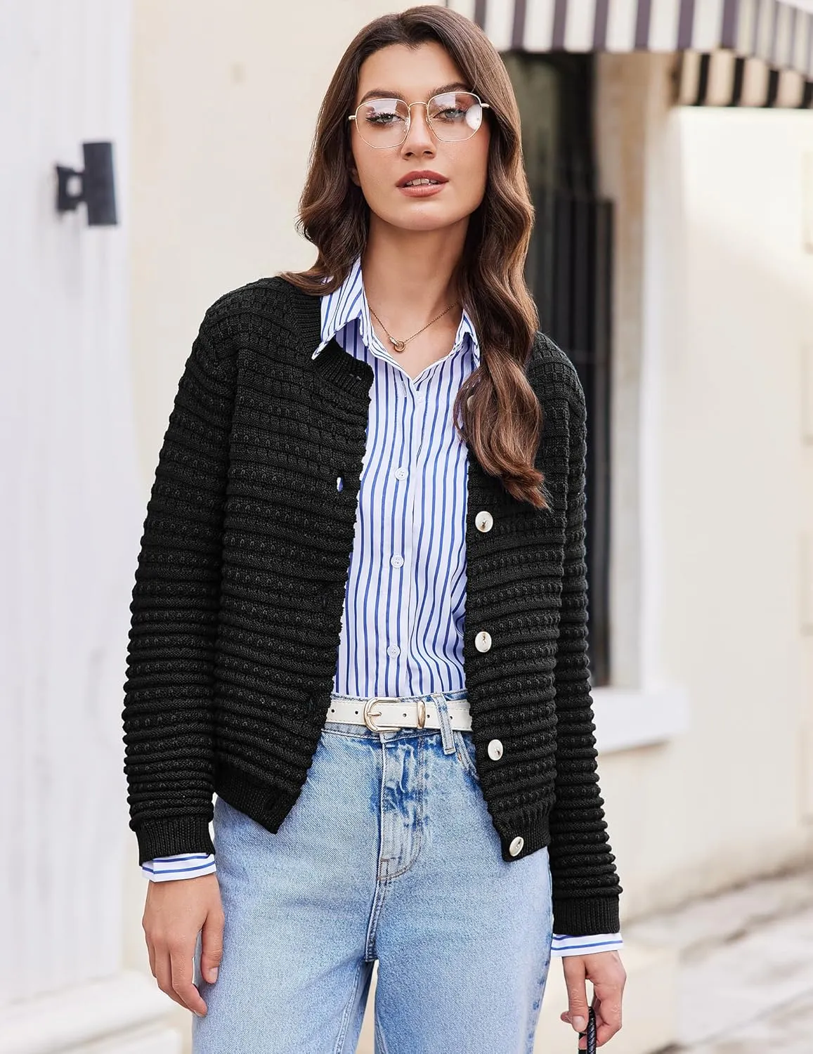 Cardigan Sweaters for Women Open Front Casual Long Sleeve Sweater Coat Trendy Button Down Cropped Jackets
