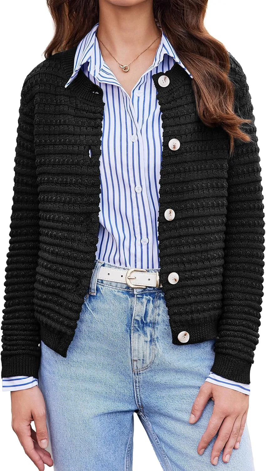 Cardigan Sweaters for Women Open Front Casual Long Sleeve Sweater Coat Trendy Button Down Cropped Jackets