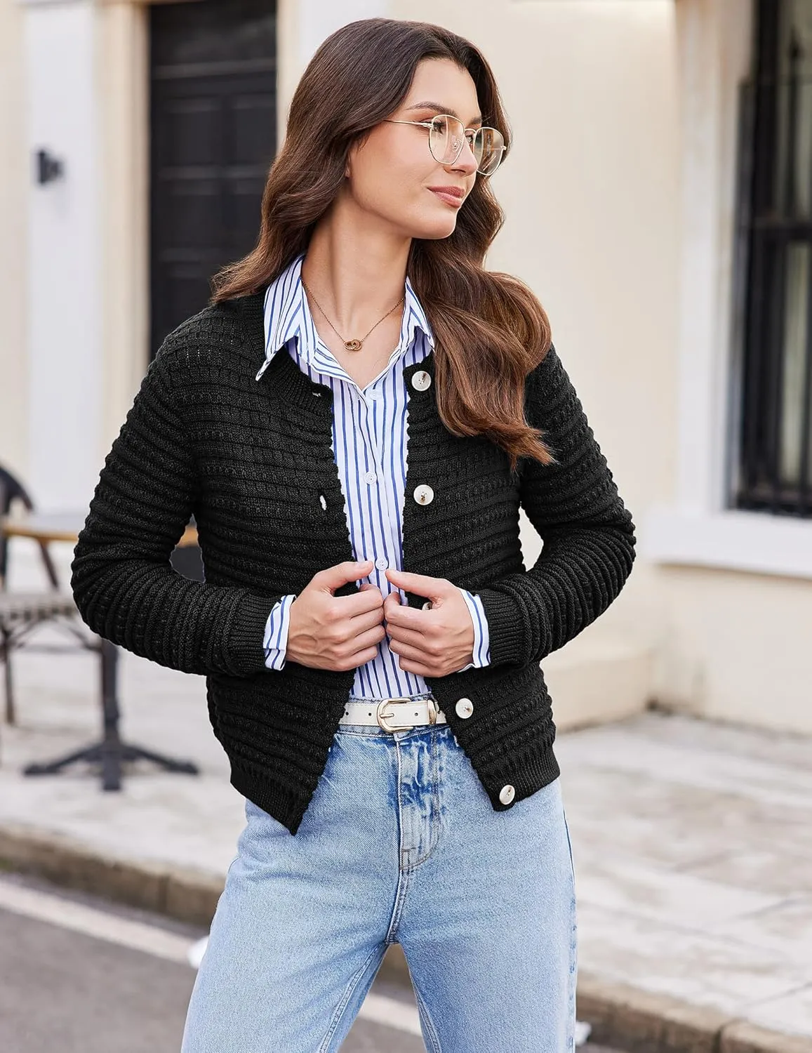 Cardigan Sweaters for Women Open Front Casual Long Sleeve Sweater Coat Trendy Button Down Cropped Jackets