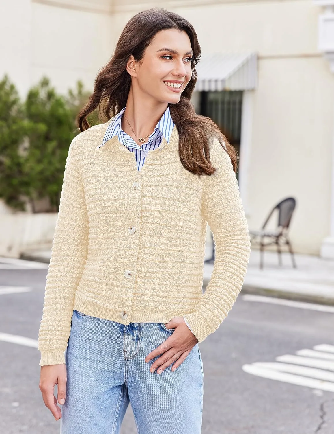 Cardigan Sweaters for Women Open Front Casual Long Sleeve Sweater Coat Trendy Button Down Cropped Jackets